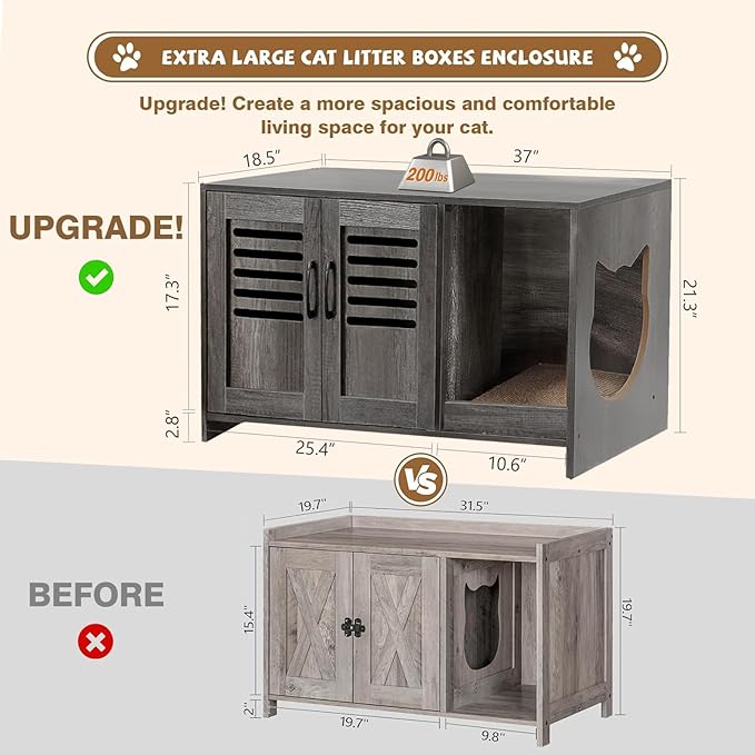 Cat Litter Box Enclosure, Large Hidden Cat Litter Box Furniture with Cat Scratch Pad, Wooden Cat Washroom Furniture, Cat House, Litter Box Cabinet (Grey, 37" L x 18.5" D x 21.3" H)