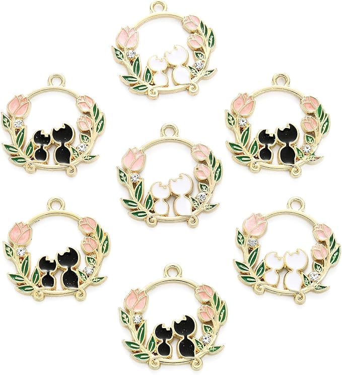 KitBeads 20pcs Cute Cat Charms Mixed Colors Flower Ring Wreath Charms Cartoon Rose Couple Kitten Charms for Jewelry Making Bracelets Bulk