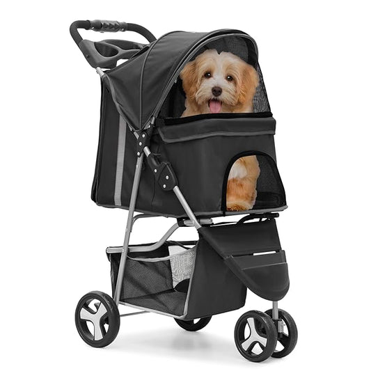 MoNiBloom Foldable Pet Stroller with Weather Cover, 3 Wheels Pet Strolling Cart for Small/Medium Dogs and Cats with Storage Basket and Cup Holder, Breathable and Visible Mesh for All-Season, Black