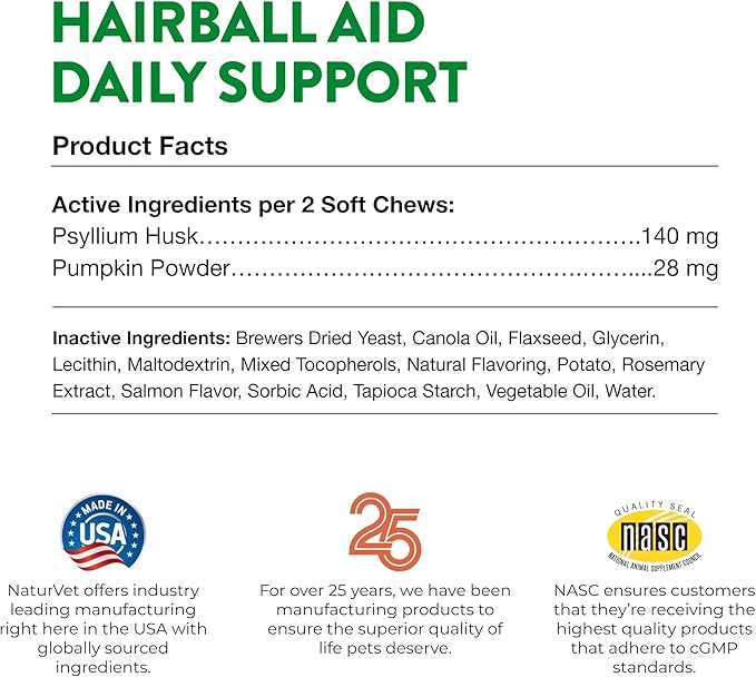 NaturVet – Hairball Aid Supplement for Cats - Plus Pumpkin – Helps Eliminate & Prevent Hairballs – 60 Soft Chews