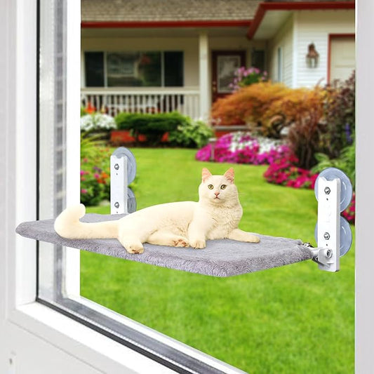 Lcybem Cat Window Perch - Foldable Cat Hammock Window Bed for Cats with 4 Strong Suction Cups, Cordless Sturdy Metal Frame Cat Perch for Large Cats, Reversible Two Covers Easy to Assemble (Large)