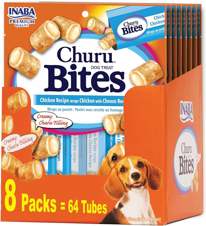 INABA Churu Bites for Dogs, Soft & Chewy Baked Chicken Wrapped Filled Dog Treats with Vitamin E, 0.42 Ounces Each Tube, 64 Tubes (8 per Pack), Chicken with Cheese Recipe