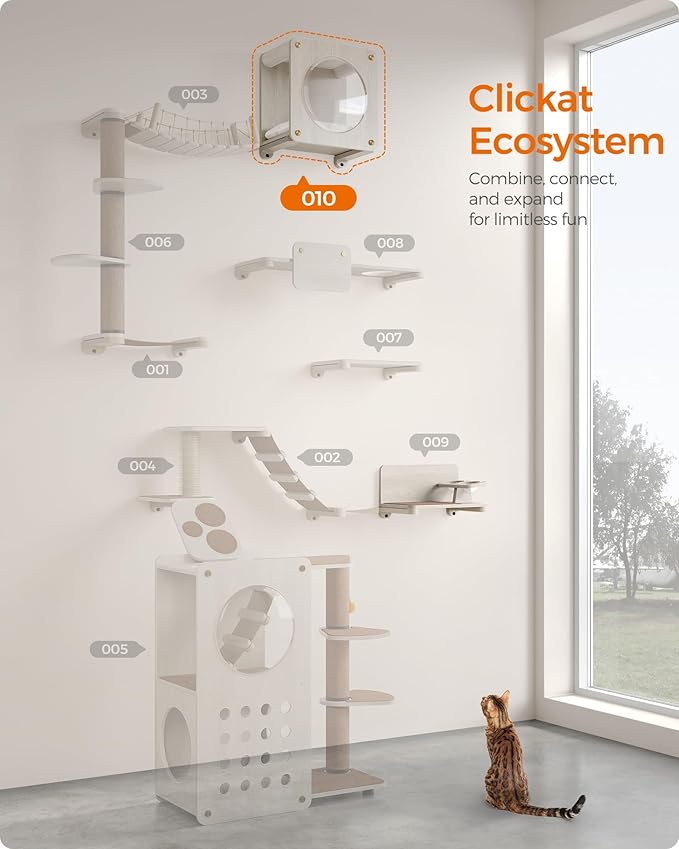 Feandrea Clickat Collection - No.010 Cat Cave, Cat Wall Condo House with Hammock, Observation Window, Extremely Quick Assembly, Unlimited Expandability, Replaceable Module and Cushion