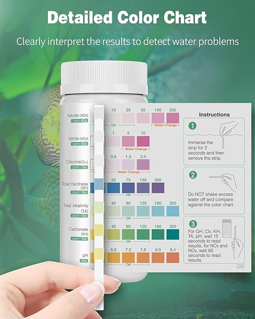 Pawfly 7 in 1 Aquarium Test Strips, 100 Strips Fish Tank Testing Strips for pH Chlorine Nitrate Nitrite Carbonate Hardness Total Alkalinity Water Quality Freshwater Saltwater Test Kit