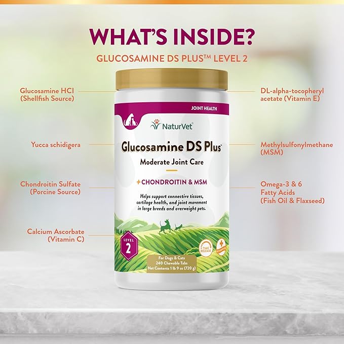 NaturVet Glucosamine DS Plus Level 2 Moderate Care Joint Support Supplement for Dogs and Cats, Chewable Tablets Time Release, Made in The USA, 240 Count