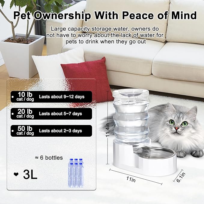 RIZZARI Automatic 3L Pet Waterer, Gravity Stainless Steel Water Dispenser, 100% BPA-Free, Large Capacity Water Feeder for Cats and Small and Medium-Sized Dogs