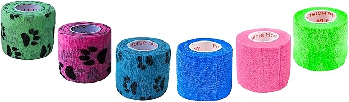 2 Inch Vet Wrap Tape Bulk (Blue, Neon Green, Neon Pink, and Black Paw Prints on Blue, Neon Green, Neon Pink) (Pack of 6) Self Adhesive Adherent Adhering Flex Bandage Grip Roll for Dog Cat Pet