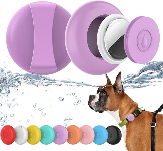 IPX8 Waterproof AirTag Dog Collar Holder, Hidden Air Tag Case for Cat Collar, Anti-Lost Silicone Cover for AirTag GPS Tracker Compatible with Pets Loop, Fits All Width Collars(Purple L)