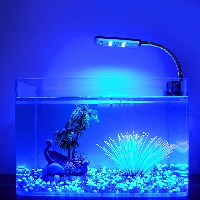 Aquarium Light Clip on Fish Tank Lighting Small Fish Light for Rimless Fish Tanks, White and Blue LEDs