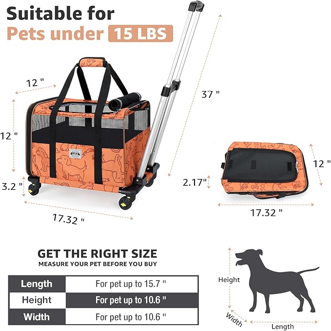 Lekereise Cat Carrier with Wheels for Small Pet, Airline Approved Dog Carrier with Wheels, Rolling Dog Cat Carrier, Orange