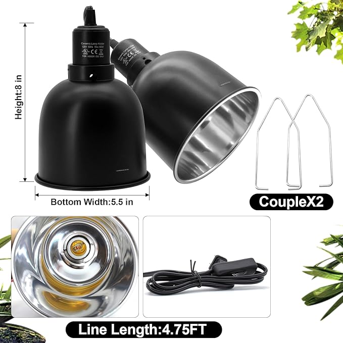 Reptile Light Fixture, 2 Packs 5.5 Inch Deep Dome Lampshade, Reptile Heat Lamp Fixture with Separate Switches Fit for UVB Bulb Basking Heat Bulb for Reptile Glass Terrariums