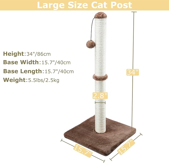 Tall Cat Scratching Post 34” Basic Vertical Scratcher for Indoor Cats and Kittens, Cat Scratch with Sturdy Sisal Rope and Hanging Ball, Large Heavy Plush Base (Dark Brown)