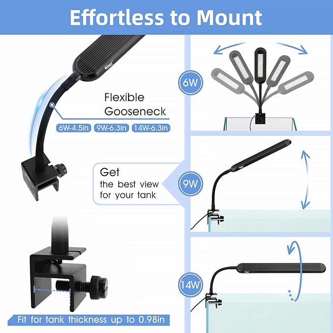 hygger 8-19 Gallon Clip-on Aquarium Light with White Blue Red LEDs Fish Tank Lighting Built-in Timer 5 Brightness Levels 14W