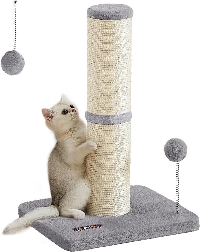 Feandrea Cat Scratching Post, 20.8-Inch Tall Cat Scratcher for Kittens, Small and Medium Cats, Sisal Scratch Pole, Spring Pompom with Built-in Bell, Dove Gray UPCA023G01