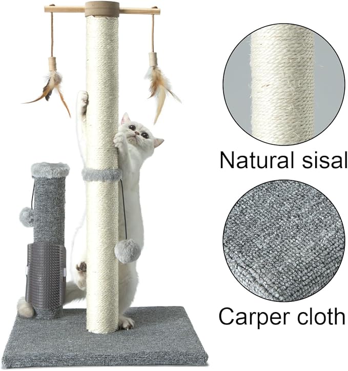 Cat Scratching Post,Sisal Scratch Posts Scratcher for Indoor Cats and Kittens,with self Grooming Bursh and Interactive Toys Vertical Cat Tree 30Inches Tall Grey