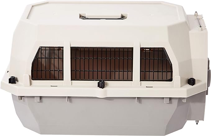 Amazon Basics Hard-Sided Dog and Cat Kennel Single-Door Travel Pet Carrier with Metal Wire Ventilation, 23.6"L x 15.7"W x 13.0"H, Beige