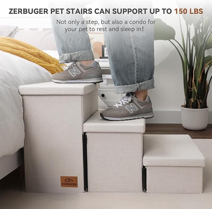 Dog Stairs, Dog Steps for High Beds 17.1" H, Folding Pet Stairs for Small Medium or Large Dogs Puppy with Storage for Bed and Couch, Dog Ramp for Car Hold Up to 200 lbs (Beige Gray, 3 Steps No Condo)