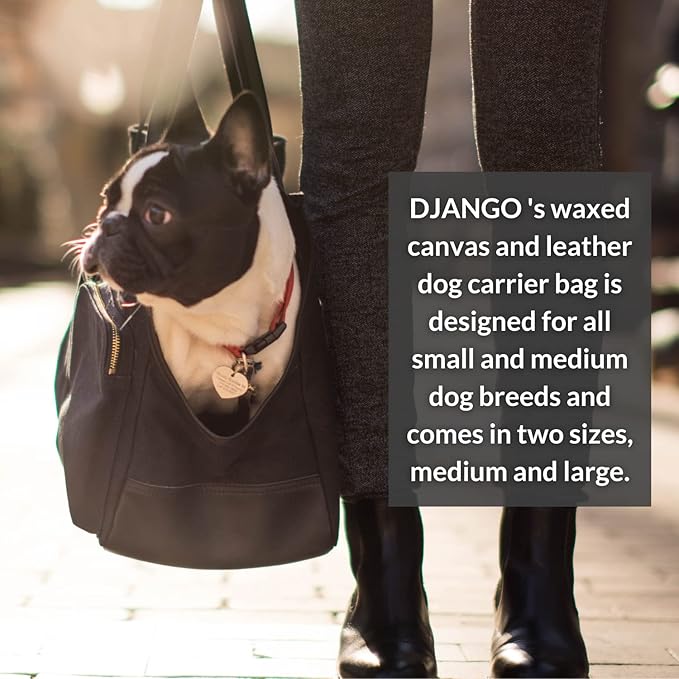 DJANGO Dog Carrier Bag - Waxed Canvas and Leather Soft-Sided Pet Travel Tote with Bag-to-Harness Safety Tether & Secure Zipper Pockets (Large, Black)