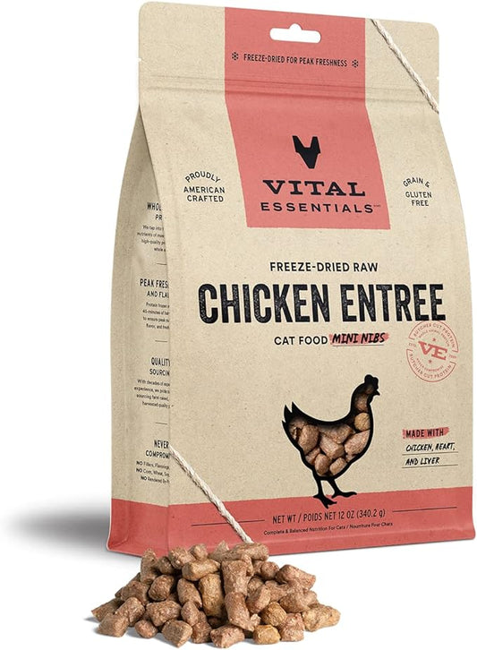 Vital Essentials Freeze Dried Raw Cat Food, Chicken Mini Nibs Entree, 12 oz