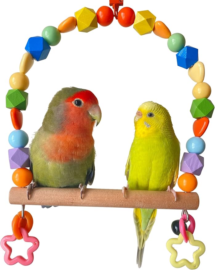 Wooden Bird Swings for Large Parrots, Cockatiel Perch Parakeet Swing Hanging Birdcage Stands Playground Play Gyms Accessories Colorful Beads Climbing Toy for Lovebirds Conures Budgies