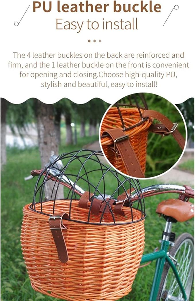 Bike Pet Carrier, Bike Basket for Small Dogs Cats Pet Carrier Front Basket with Wire Mesh Cover (Honey Color)