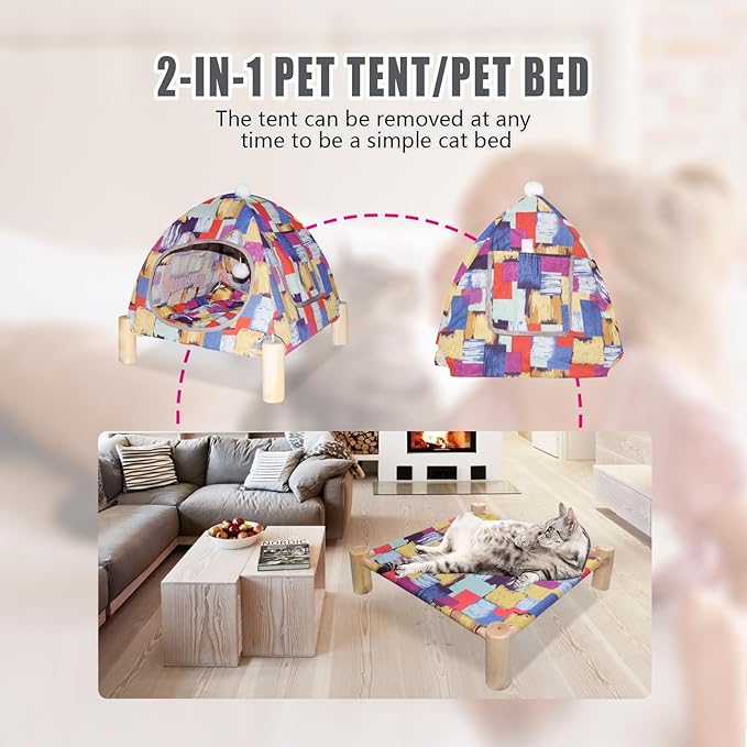 Pozico 2 in 1 Cat Bed Tent Wooden Frame Cat Teepee Cat Hammock, Quick Assembly and Disassembly, Portable Indoor/Outdoor Pet Dog Tent House for Cats Puppies Small Animals:Colorful Blocks Tent