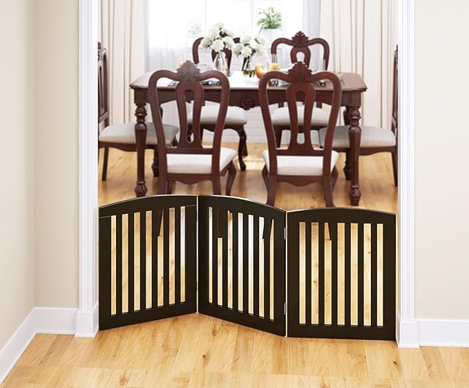 PAWLAND Wooden Freestanding Foldable Pet Gate for Dogs, 24 inch 3 Panels Step Over Fence, Dog Gate for The House, Doorway, Stairs, Extra Wide (Espresso, 24" Height-3 Panels)