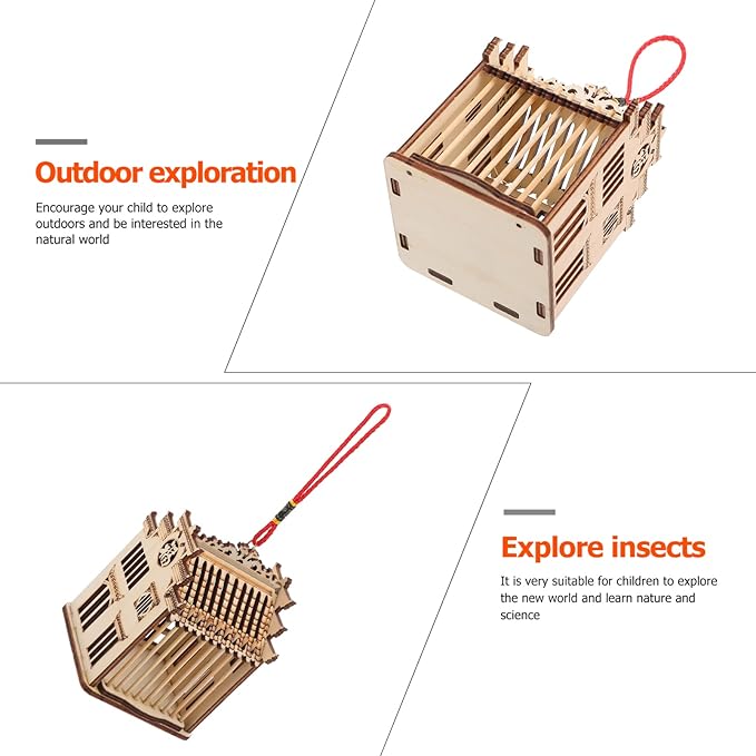 Balacoo Wooden House Grasshopper Cage Habitat Box Critter Cages Garden Hanging Insert Cage for Grasshopper Crickets Light Brown 2