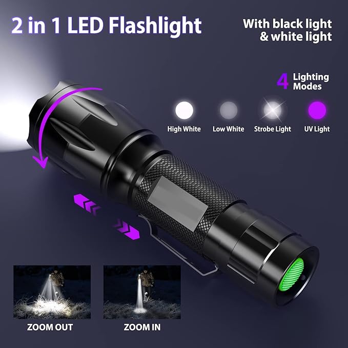 UV Flashlight, Portable Blacklight Flashlight, LED Torch with White and Ultraviolet Light Combo, Black Light Pet Urine Detector for Dog Cat Pee, ID Check, AC Leak, Bed Bug, Rocks, Resin