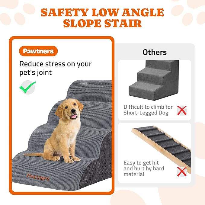 Dog Stairs for Small Dogs: Pawtners 4 Steps 16" Tall Dog Ramp for Bed, Foam Pet Stairs for Large Cat and Medium Dogs, Dog Steps for Dogs to Get on Bed for Couch Sofa Bed Grey