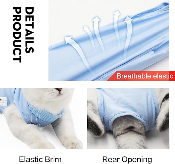 Cat Recovery Suit for Male and Female Surgical Post Surgery Soft Cone Onesie Shirt Clothes Neuter Licking Protective Diapers Outfit Cover Kitten Spay Collar(L, Blue)