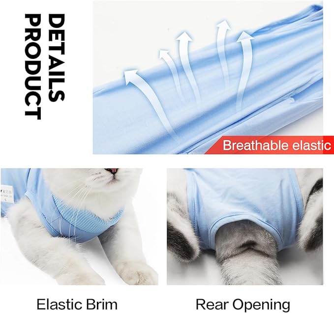 Cat Recovery Suit for Male and Female Surgical Post Surgery Soft Cone Onesie Shirt Clothes Neuter Licking Protective Diapers Outfit Cover Kitten Spay Collar(M, Blue)