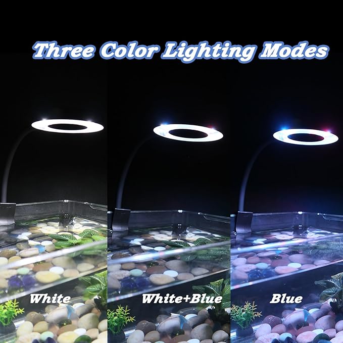 Small Aquarium Light Clip on Fish Tank Light LED USB Full Spectrum Light with Dimmer Multi-Color White+Blue+Red for 1-5 Gal Betta Tank (Adapter NoT Included, No Timer)