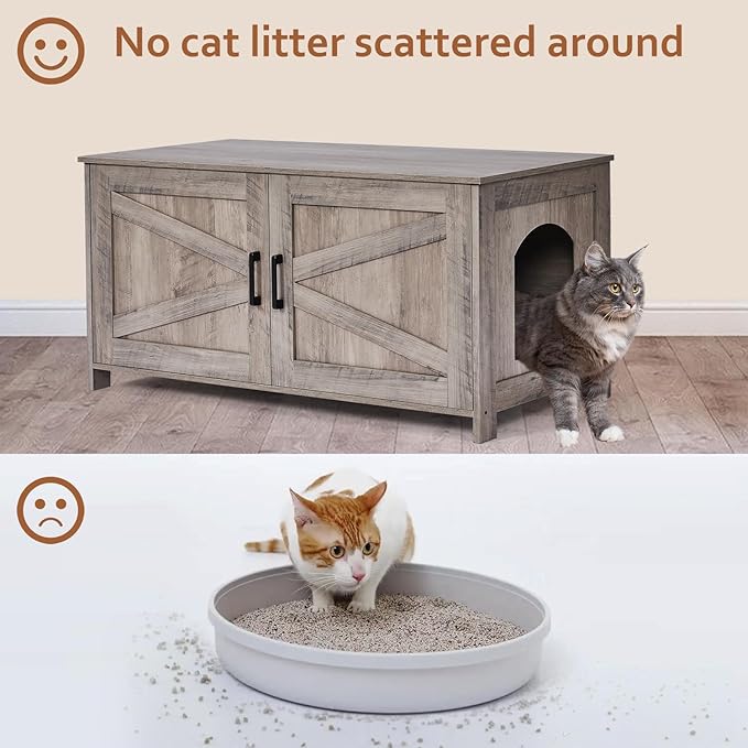 39.4" L Cat Litter Box Enclosure,Litter Box Furniture Hidden with Barn Door,Wooden Cat Washroom Furniture,Cat House,Fit Most of Litter Box, Greige