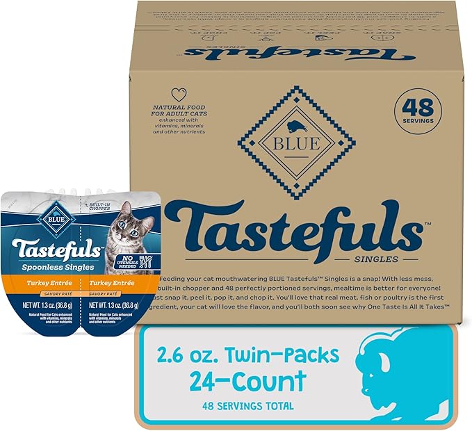 Blue Buffalo Tastefuls Spoonless Singles Adult Pate Wet Cat Food, Turkey Entrée, Perfectly Portioned Cups in (24) 2.6-oz Twin-Pack Trays