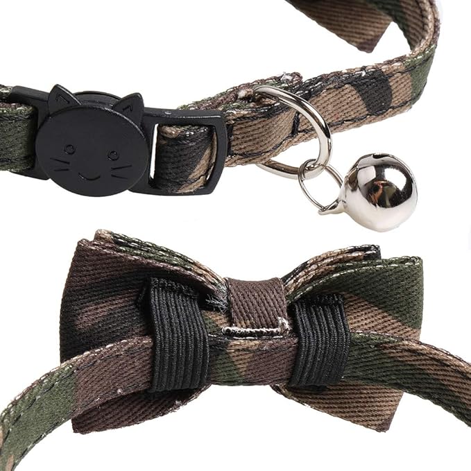 Cat Collar Breakaway with Bell and Bow Tie, Plaid Design Adjustable Safety Kitty Kitten Collars(6.8-10.8in) (Camouflage 2&3)