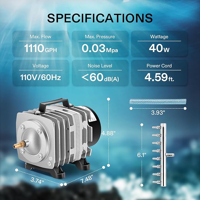 VIVOSUN Commercial Air Pump 1110 GPH 8 Outlet 40W 70L/min for Aquarium and Hydroponic Systems