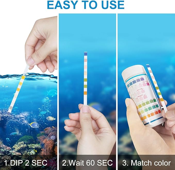 Aquarium Test Strips for Freshwater Fish: 7 in 1 Fish Tank Water Testing Kit for Aquarium Pond - Accurate Testing Nitrate Nitrite Hardness Free Chlorine pH Carbonate Total Alkalinity-100 Strips