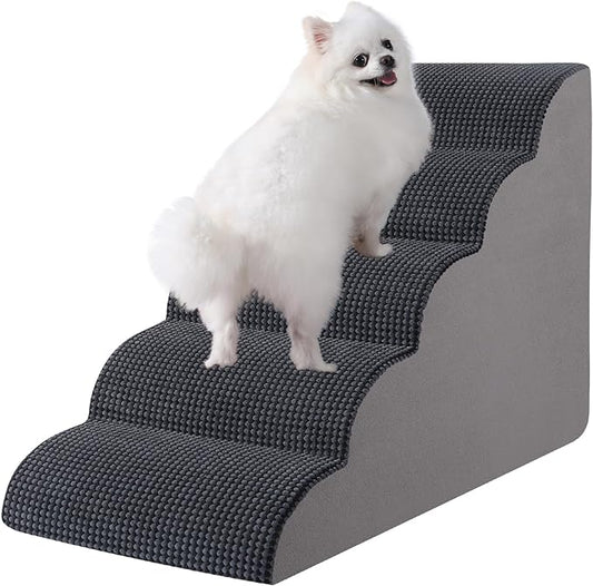 Dog Stairs for High Beds, 5-Step Dog Stairs for Small Dogs and Cats High Density Foam Dog Steps for Couch & Bed, Pet Stairs with Non-Slip Bottom for Doggies, Old Dogs and Injured Pets, Grey