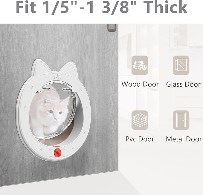 Cat Door with 4 Way Lock,Weatherproof Pet Door for Interior or Exterior Doors, Easy to Install. White.