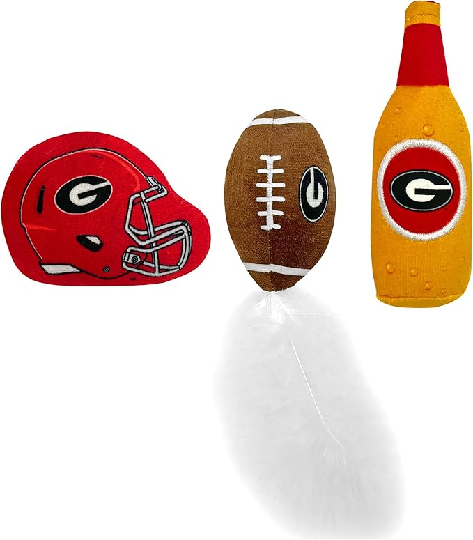 BEST PLUSH CAT TOY - NCAA GEORGIA BULLDOGS Complete Set of 3 piece Cat Toys filled with Fresh Catnip. Includes: 1 Helmet Cat Toy, 1 Football Cat Toy with Feathers & 1 Beer Bottle. Beautiful Team LOGOS