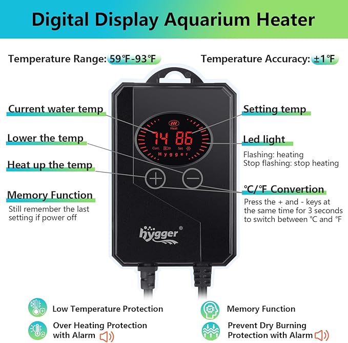 hygger Aquarium Heater,Submersible Fish Tank Heater 100W/200W/300W/500W/800W/1000W/1200W with Digital LED Controller,Memory Function,Auto Shut Off Protection,Heater for Saltwater Freshwater Fish Tank