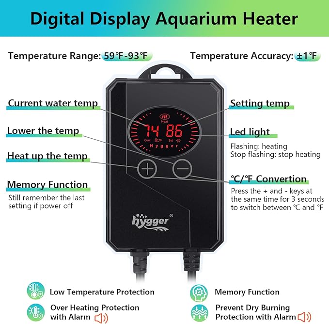 hygger Aquarium Heater 200W,Submersible Fish Tank Heater with Digital LED Controller,Overheating & Auto Shut Off Protection,Betta Turtel Tank Heater,for Saltwater & Freshwater Fish Tank 20-55Gallon