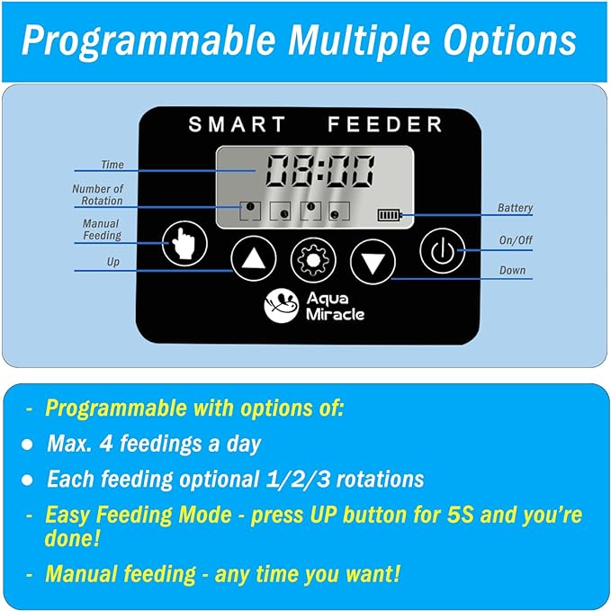 AquaMiracle Programmable Automatic Fish Feeder for Aquarium, Fish Food Timer Fish Food Vacation Feeder Auto Fish Feeder with Digital Display, for Granule Flakes Pallets Strips, Volume Adjustable