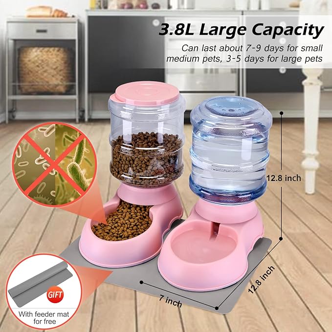 2 Pack Automatic Cat Feeder and Water Dispenser in Set Gravity Food Feeder and Waterer Pet Food Bowl for Small Medium Dog Pets Puppy Kitten Big Capacity 1 Gallon x 2