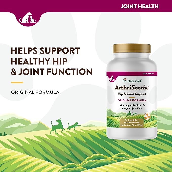 NaturVet ArthriSoothe Hip & Joint Formula Pet Supplement for Dogs & Cats – Includes Glucosamine, MSM, Chondroitin, Boswellia, Green Lipped Mussel – Supports HIPS, Joints – 500 Ct.