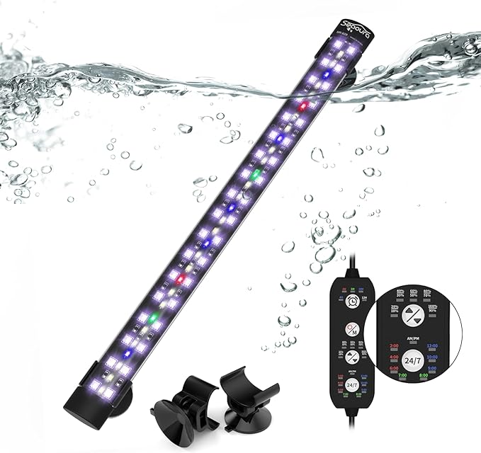 Submersible Aquarium Light for Fish Tank, 24/7 Cycle Fish Tank Light with Timer, Full Spectrum+7 Single Colors, Auto On/Off, Adjustable Brightness (15 Inch for 16-27inch Tank)