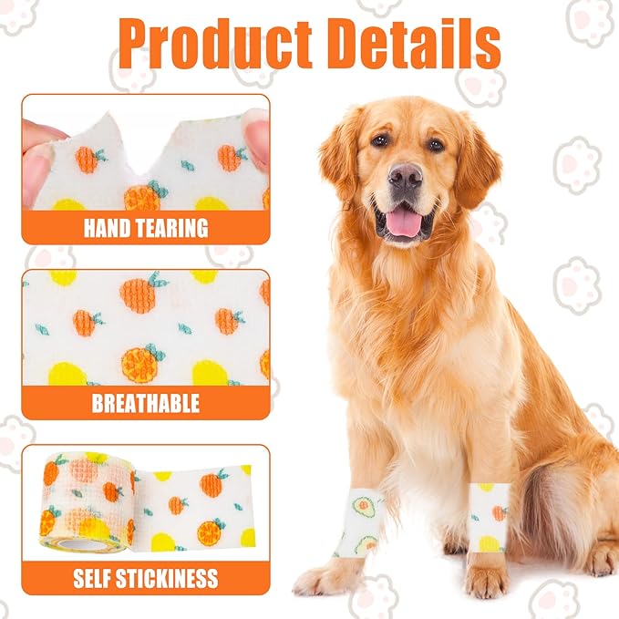 6 Roll 2 Inch x 5 Yards Pet Vet Wrap for Dogs Cats, Cohesive Bandages in Bulk, Colorful Cute Non-Woven Self Adhesive Bandages Wrap Roll for Pet Animals Wound Care Ankle Sprains & Swelling