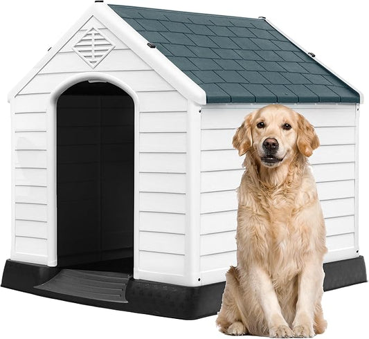 DWVO Large Plastic Dog House, Weatherproof Outdoor/Indoor Doghouse, Puppy Kennel with Air Vents and Elevated Floor, 41.3''L*38''W*38.8''H, Gray