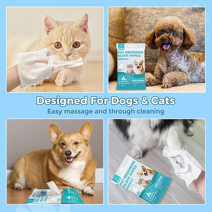 Extra Thick Pet Bathing Wipes for Dogs & Cats, Cleaning & Deodorizing Grooming Gloves, Nourish Fur Glove Wipes for Daily Care and Traveling, Rinse Free, Unscented, 6 PCS